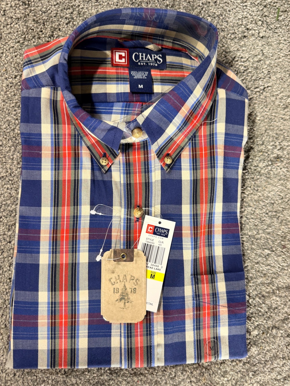 Chaps Men’s Blue Red Cream Plaid Button-Down Shirt